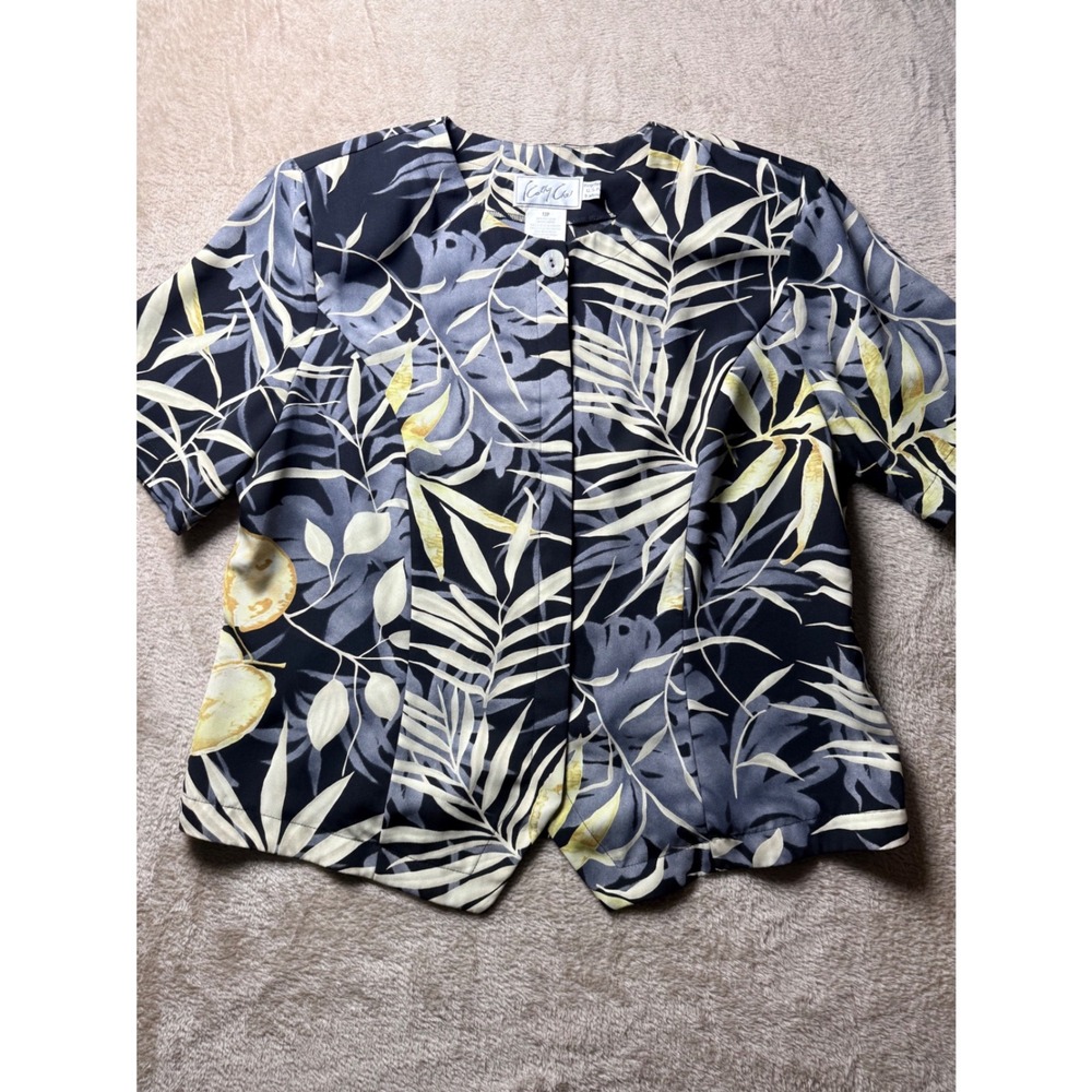 Cathy Che Vintage Tropical Palm Leaf Print Short Sleeve Blouse Black Yellow 12P